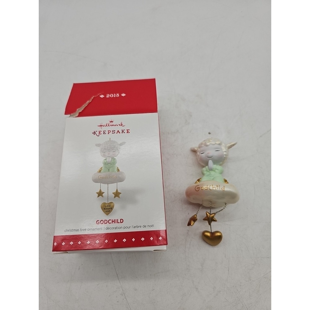 Hallmark Godchild 2015 Praying Lamb on Cloud Ornament Little Blessing Stars